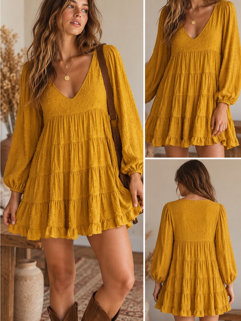 Urban Outfitters Mustard Swiss Dot Tiered Mini Dress M Boho Cottagecore